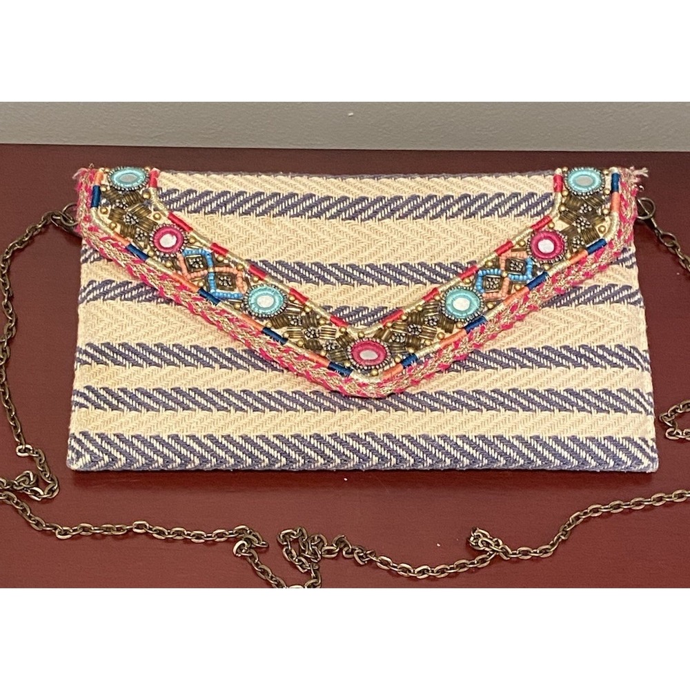 Francesca's Multicolor Medium Woven Beaded Clutch Crossbody 10.5"x6.5" India